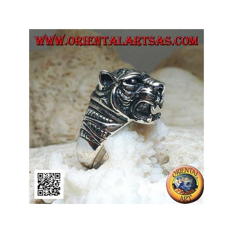 Bague en argent massif avec grande tête de tigre saillante proéminente