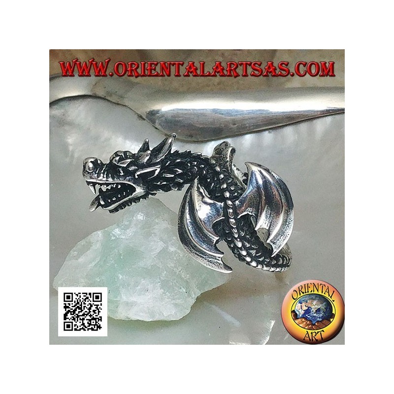 Anello in argento, drago viverna in volo e testa inclinata