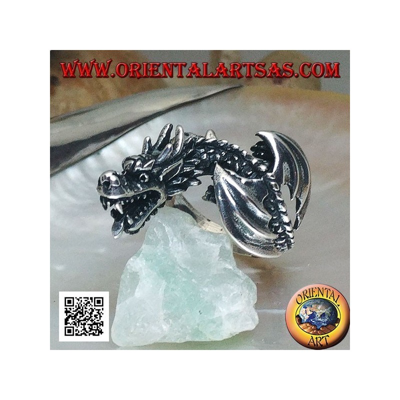 Bague en argent, dragon wyverne en vol et tête inclinée