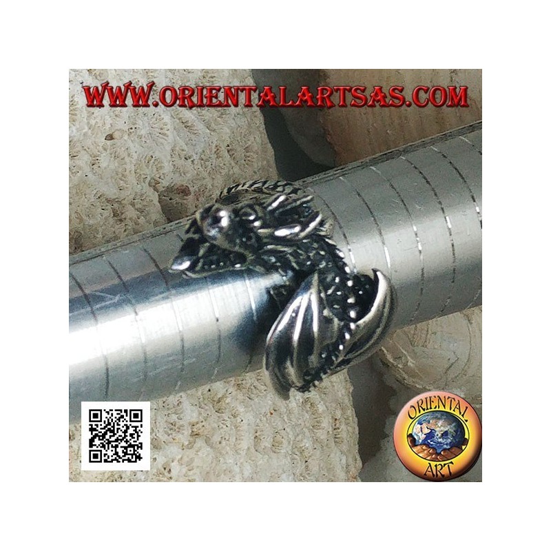 Bague en argent, dragon wyverne en vol et tête inclinée