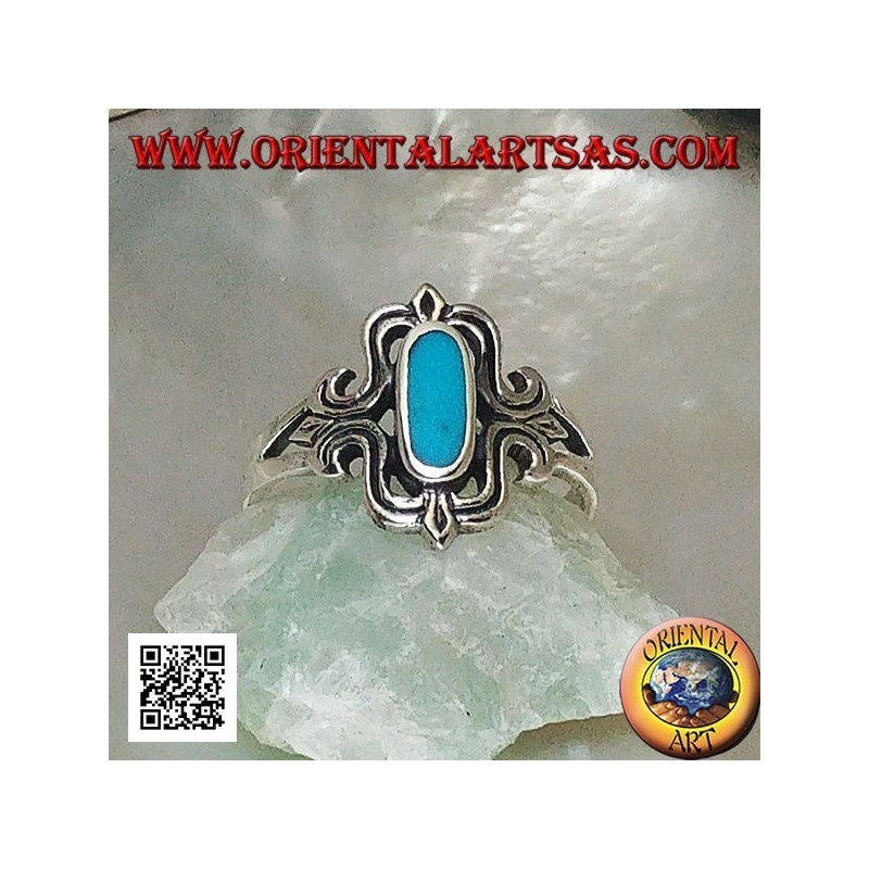 Bague en argent avec turquoise ovale allongée dans un rectangle stylisé
