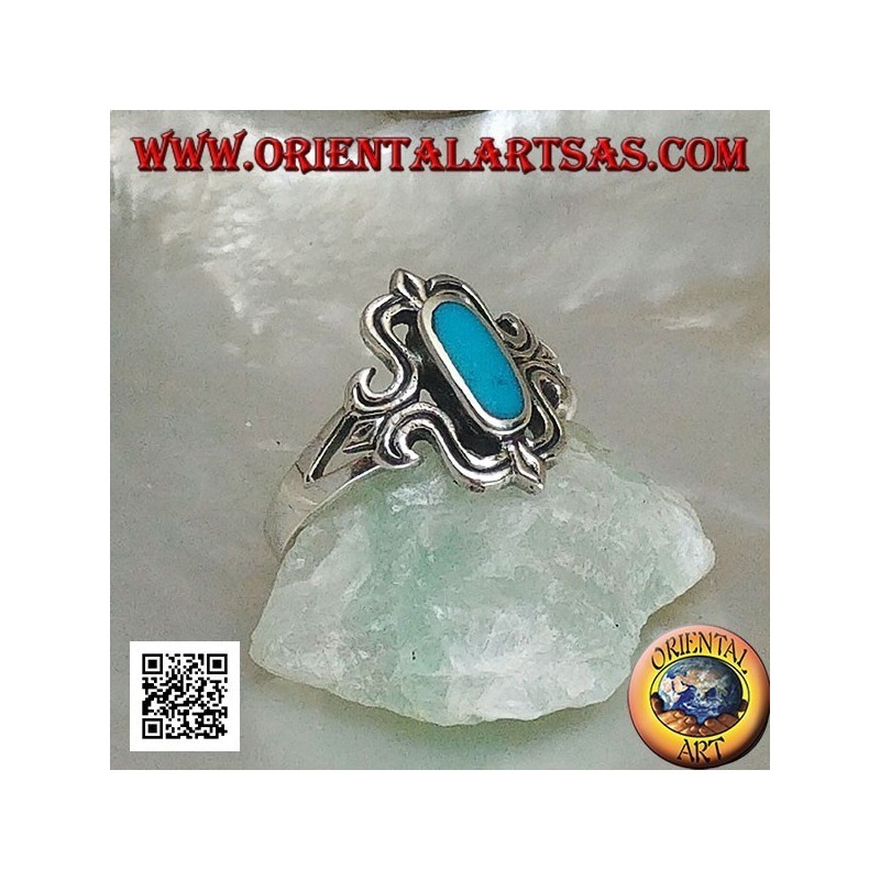 Bague en argent avec turquoise ovale allongée dans un rectangle stylisé