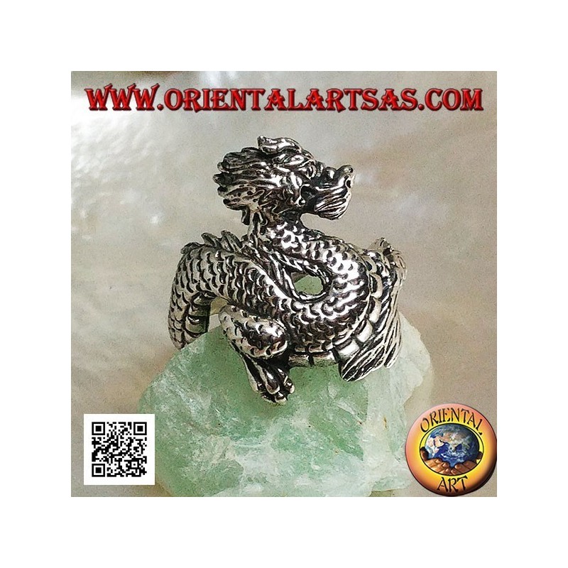 Bague en argent, dragon Lindworm (mythologie nordique) moustachu