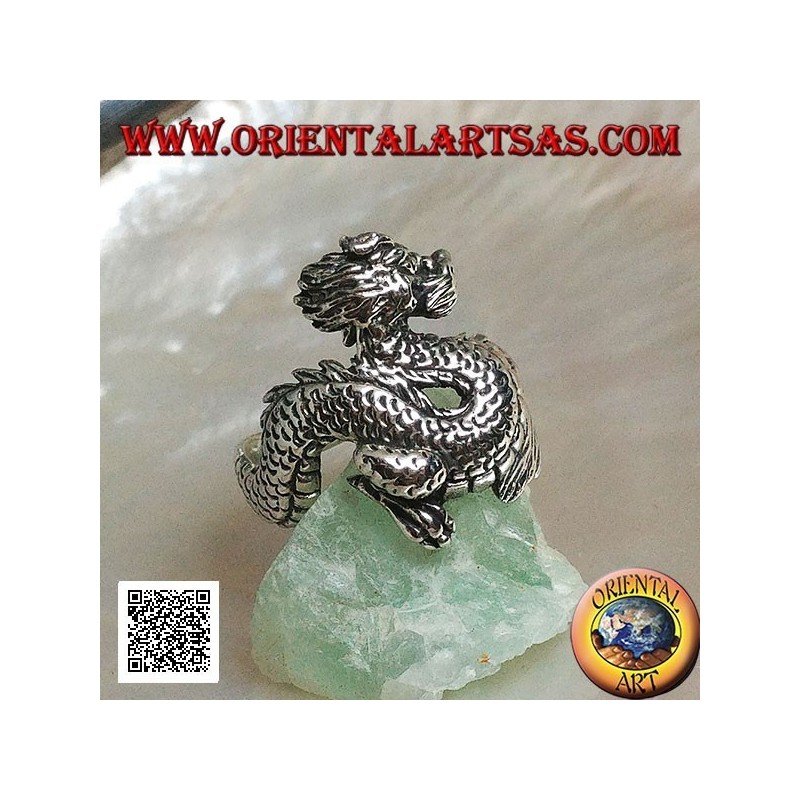 Bague en argent, dragon Lindworm (mythologie nordique) moustachu