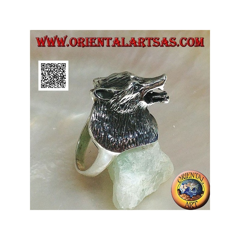 Bague en argent, tête de loup tchécoslovaque trois-quarts (grande)