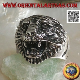 Silver ring growling tiger head with mustache