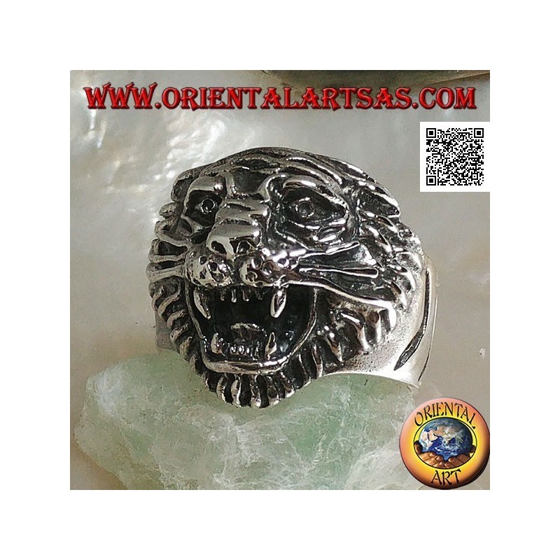 Anillo de plata gruñendo cabeza de tigre con bigote