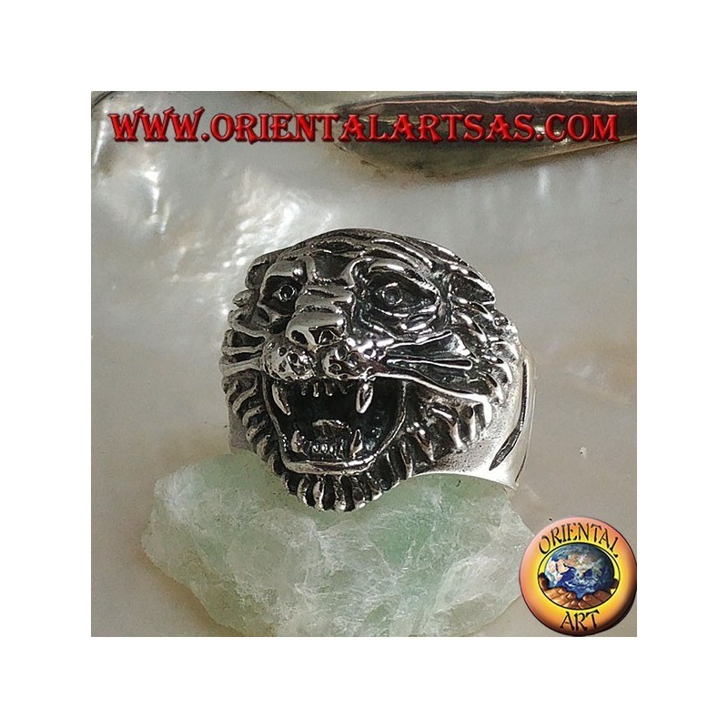 Bague en argent grognant tête de tigre avec moustache