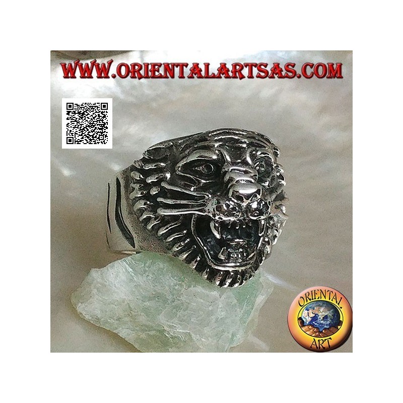Anello in argento testa di tigre ringhiante con baffi