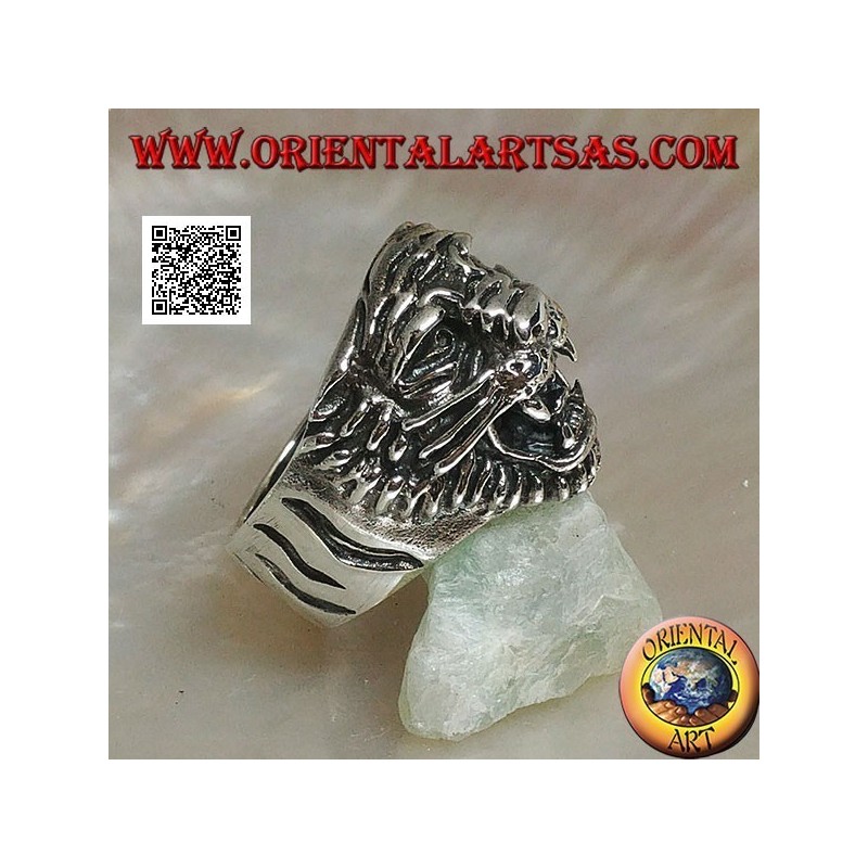 Anello in argento testa di tigre ringhiante con baffi