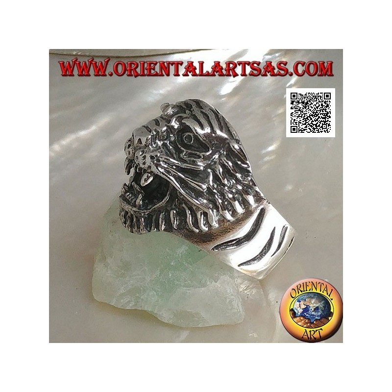 Bague en argent grognant tête de tigre avec moustache