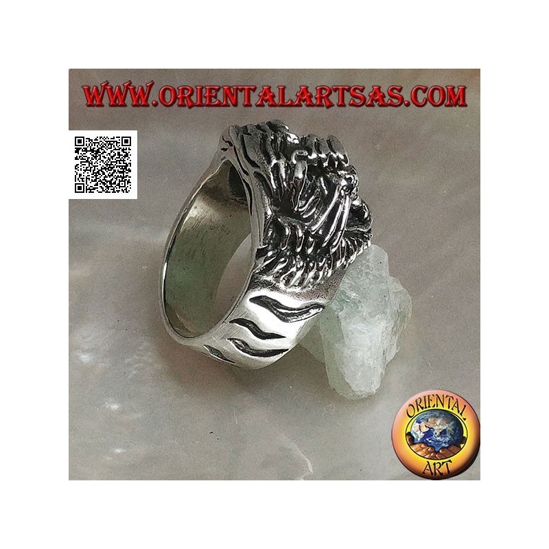 Bague en argent grognant tête de tigre avec moustache