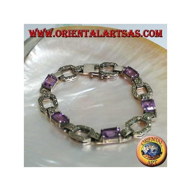 Silberarmband mit 5 natürlichen rechteckigen Amethysten im Wechsel mit Markasitringen