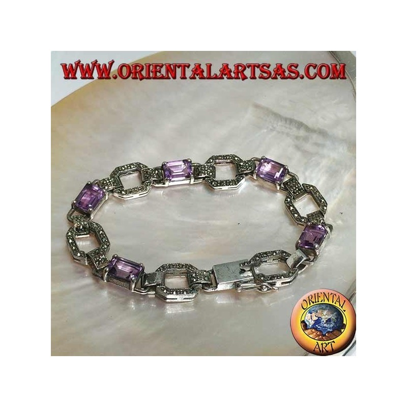 Silver bracelet with 5 natural rectangular amethysts set alternating with marcasite rings