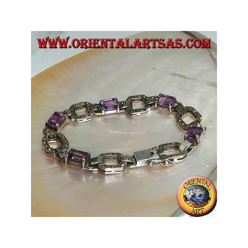 Silver bracelet with 5 natural rectangular amethysts set alternating with marcasite rings