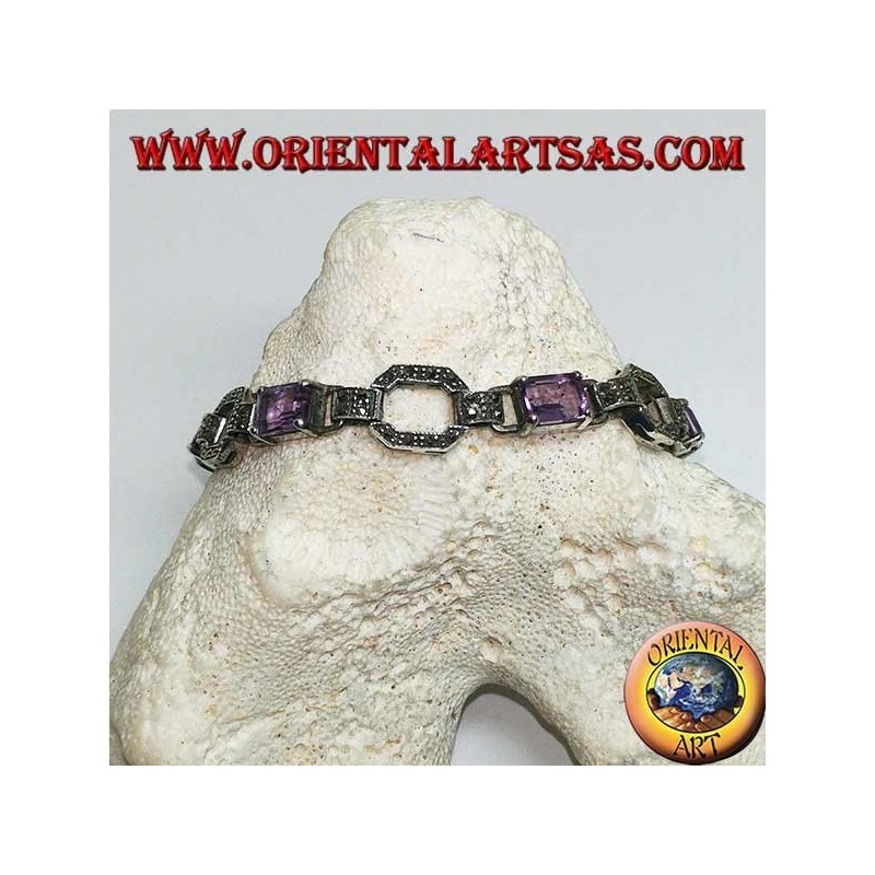 Pulsera de plata con 5 amatistas rectangulares naturales engastadas con anillos de marcasita.