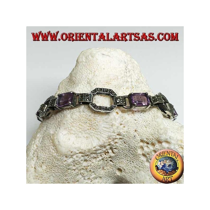 Bracciale in argento con 5 ametiste rettangolari naturali incastonate alternate ad anelli di marcassite