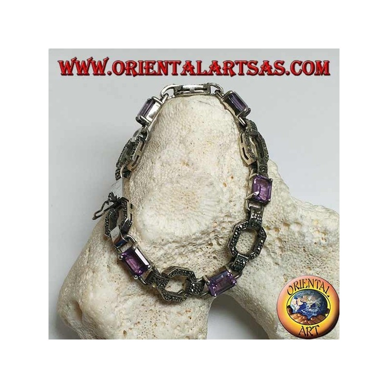 Pulsera de plata con 5 amatistas rectangulares naturales engastadas con anillos de marcasita.