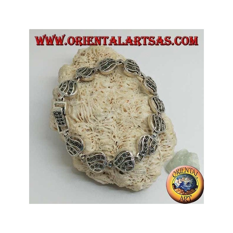 Silver bracelet with 11 openwork hearts with two wavy lines studded with marcasite
