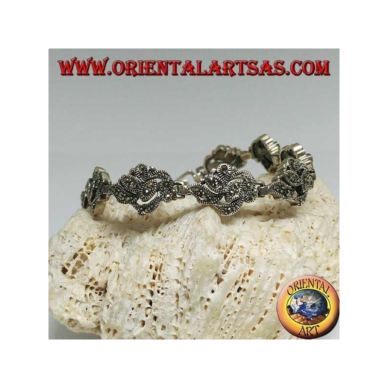 Bracciale in argento con 9 intrecci di foglie tempestate di marcassite