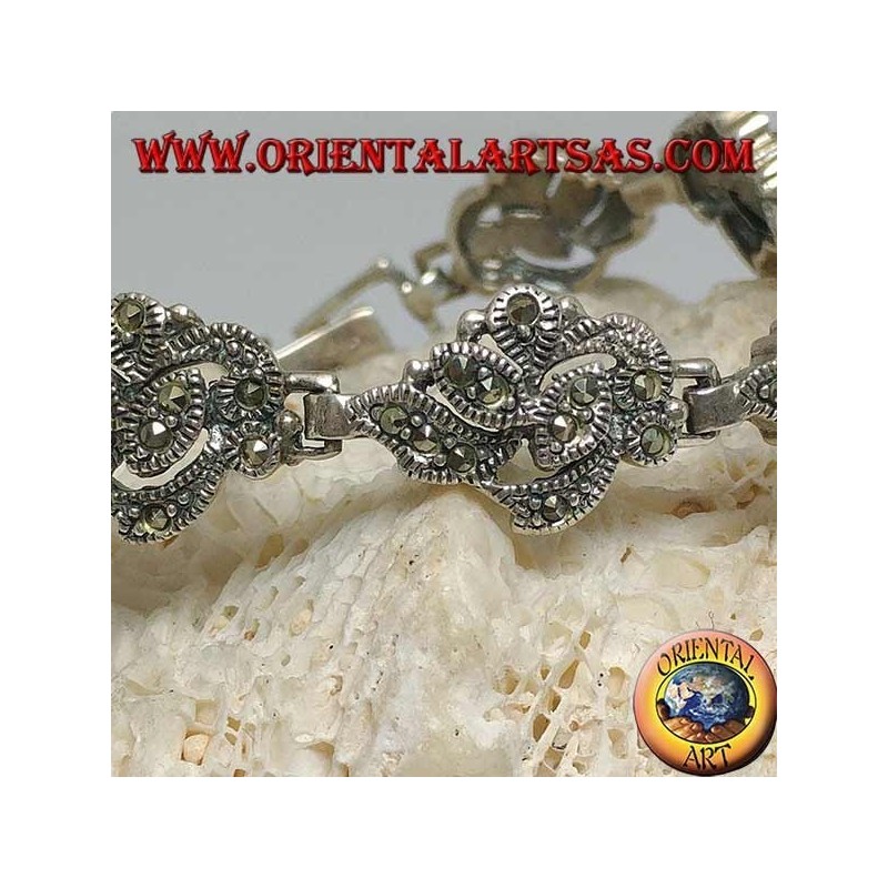 Bracelet en argent avec 9 entrelacs de feuilles parsemés de marcassite