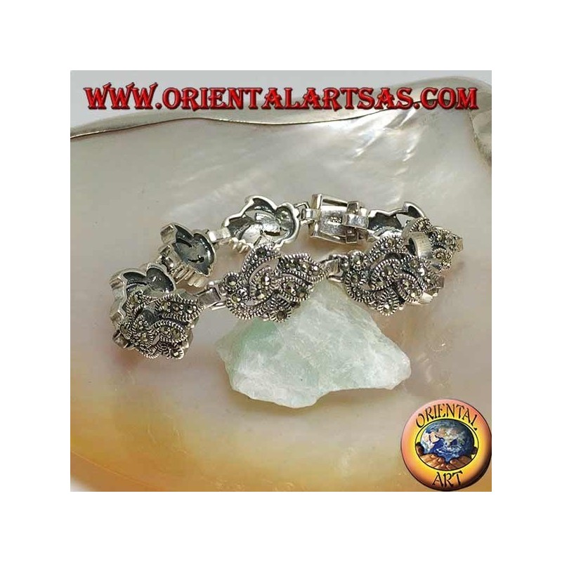 Bracelet en argent avec 9 entrelacs de feuilles parsemés de marcassite