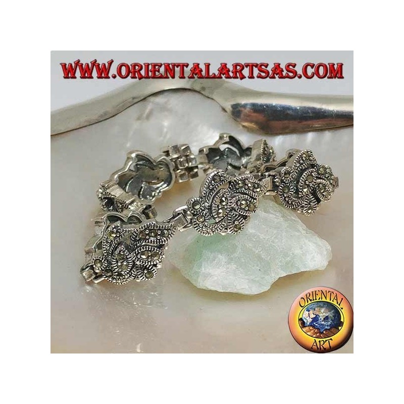 Bracelet en argent avec 9 entrelacs de feuilles parsemés de marcassite