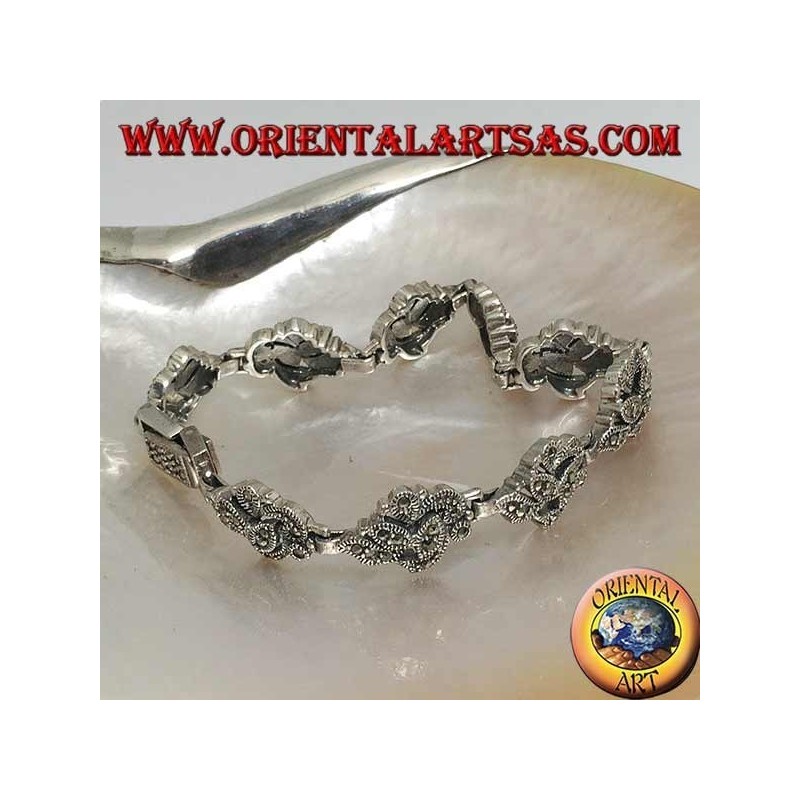 Bracciale in argento con 9 intrecci di foglie tempestate di marcassite