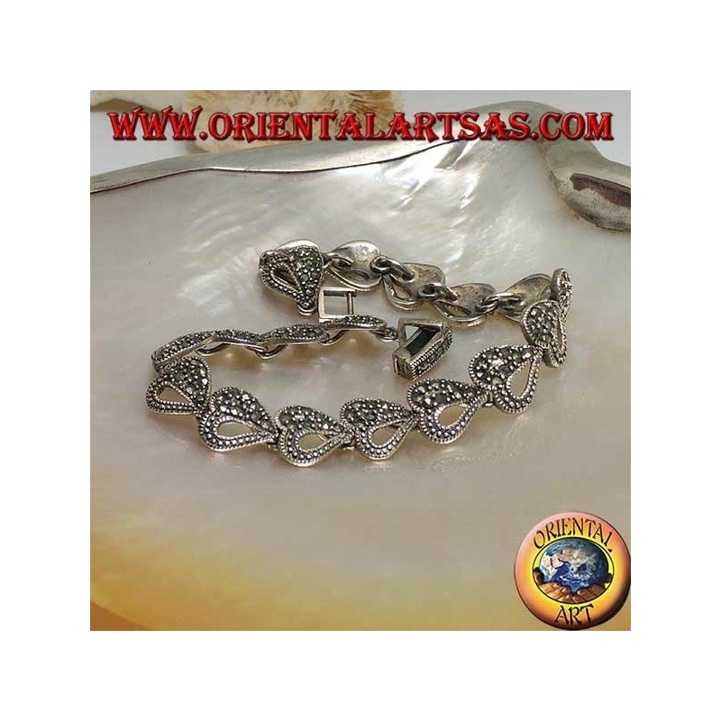 Pulsera de plata con 18 corazones medio perforados y medio tachonados con marcasita