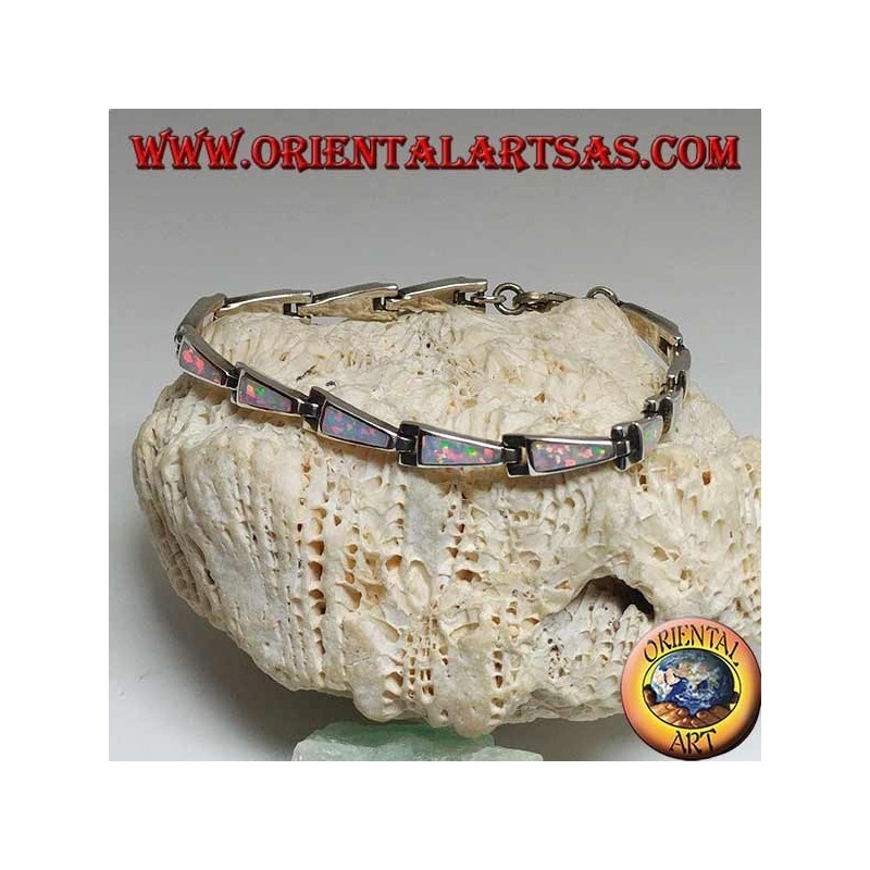 Silver bracelet with 13 isosceles trapezoids elongated in harlequin opal