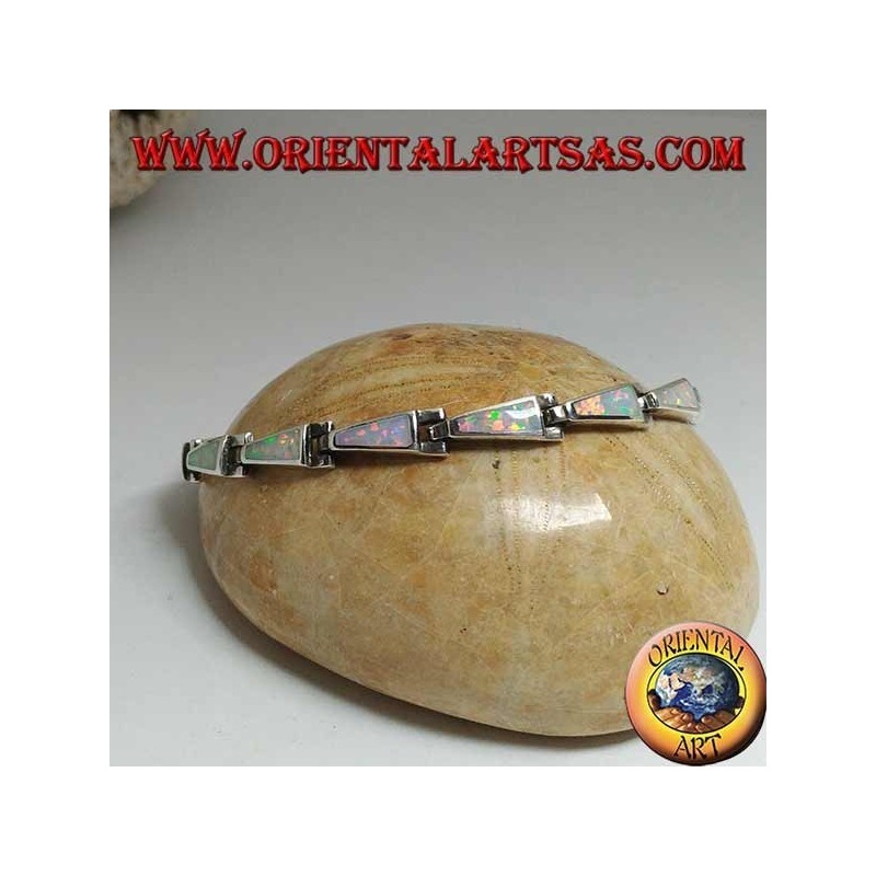 Silver bracelet with 13 isosceles trapezoids elongated in harlequin opal
