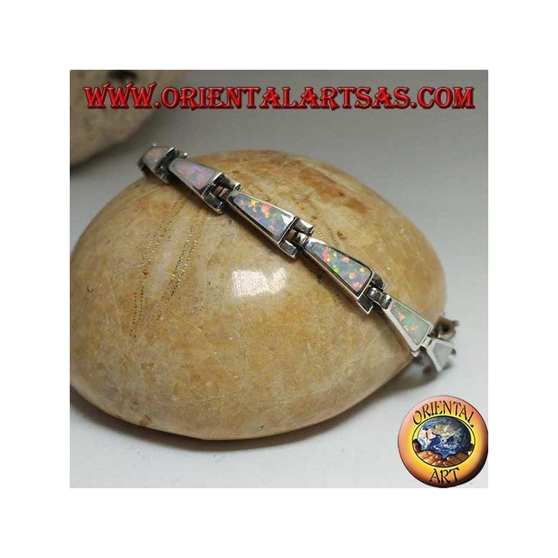 Pulsera de plata con 13 trapecios isósceles alargados en ópalo arlequín