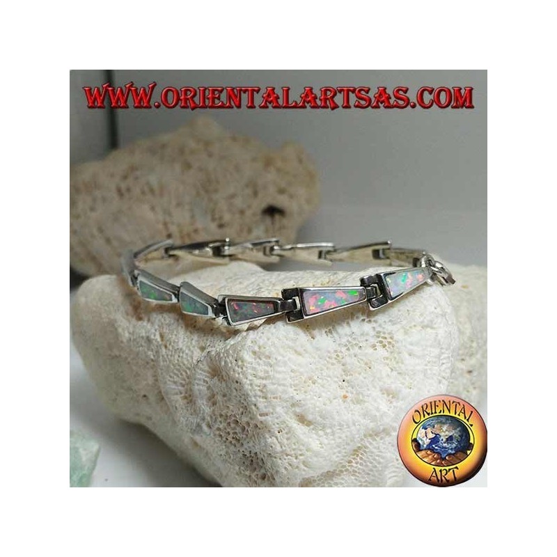 Silver bracelet with 13 isosceles trapezoids elongated in harlequin opal