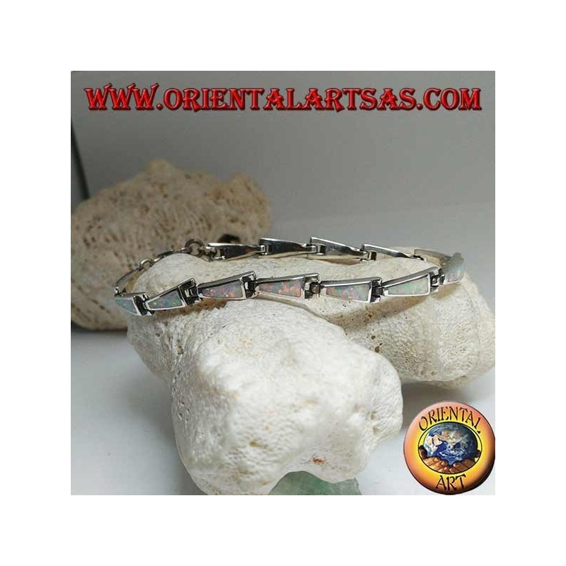 Silver bracelet with 13 isosceles trapezoids elongated in harlequin opal