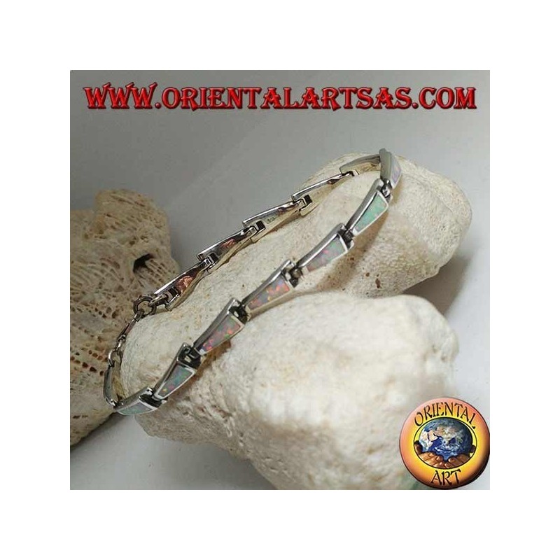 Silver bracelet with 13 isosceles trapezoids elongated in harlequin opal