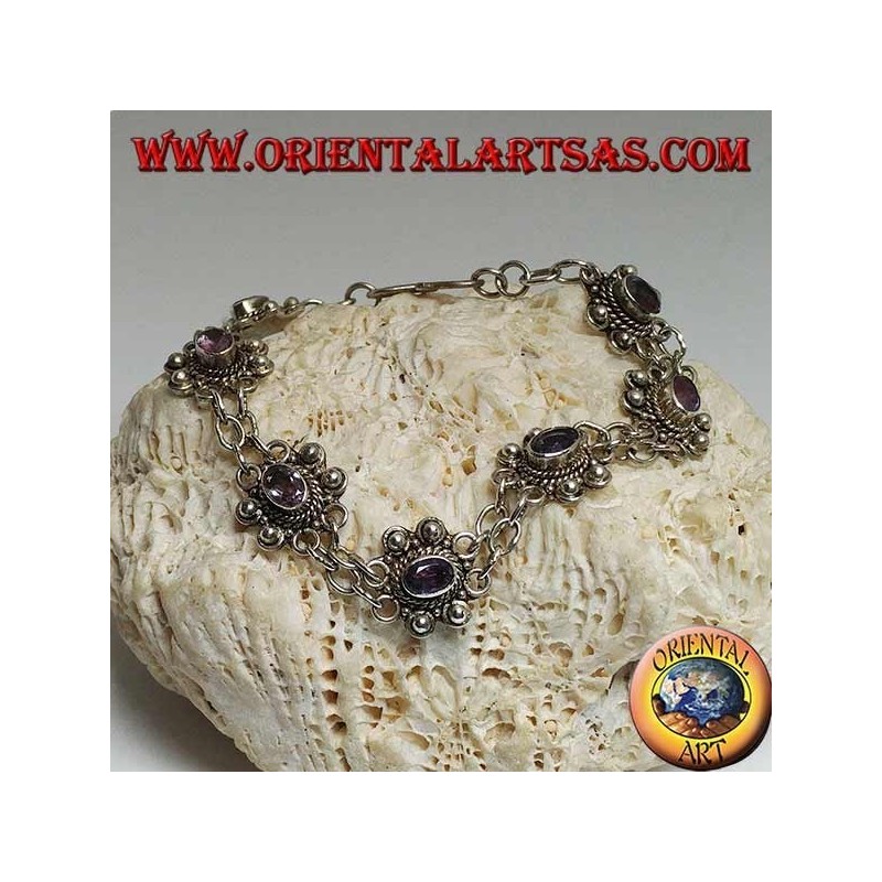 Bracciale in argento a due file di anellini con 7 ametiste ovali naturali realizzato a mano