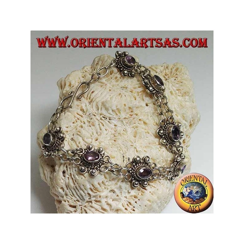 Pulsera de plata con dos hileras de anillos con 7 amatistas ovales naturales hechas a mano.