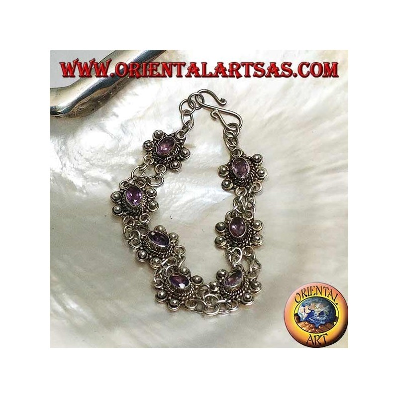 Pulsera de plata con dos hileras de anillos con 7 amatistas ovales naturales hechas a mano.