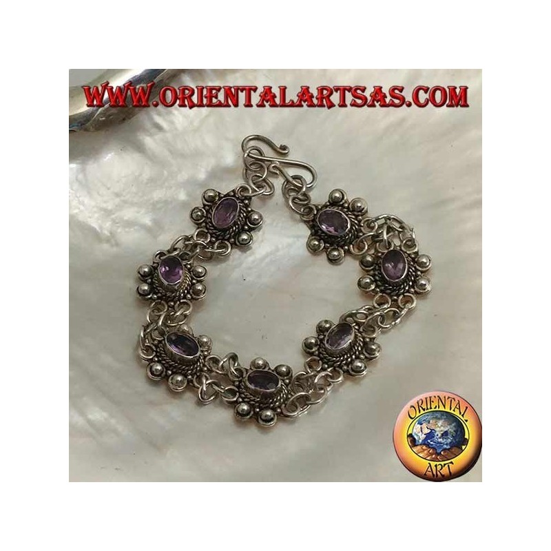 Silver bracelet with two rows of rings with 7 handmade natural oval amethysts