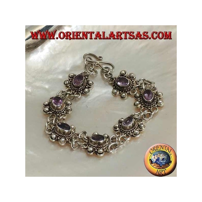 Silver bracelet with two rows of rings with 7 handmade natural oval amethysts