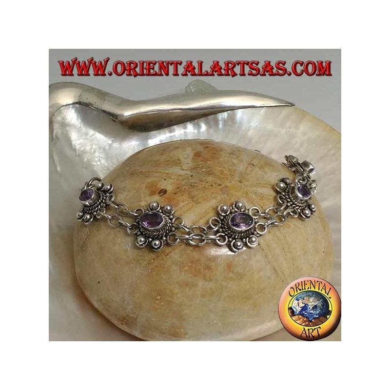 Silver bracelet with two rows of rings with 7 handmade natural oval amethysts