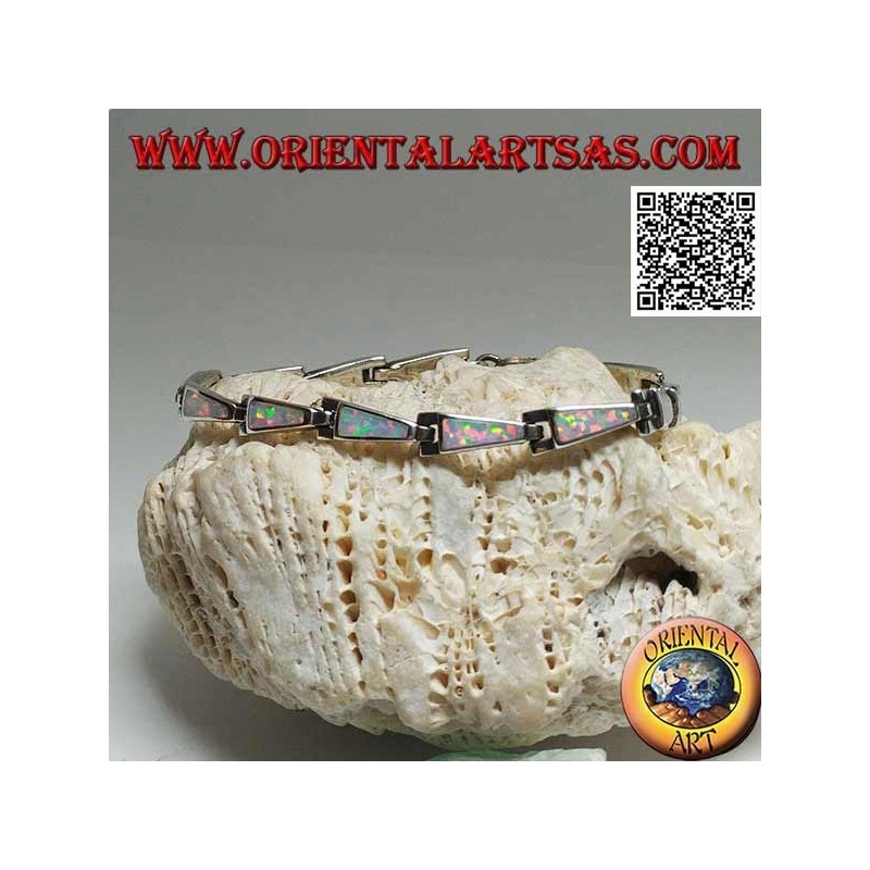 Bracelet en argent avec 13 trapèzes isocèles allongés en opale arlequin
