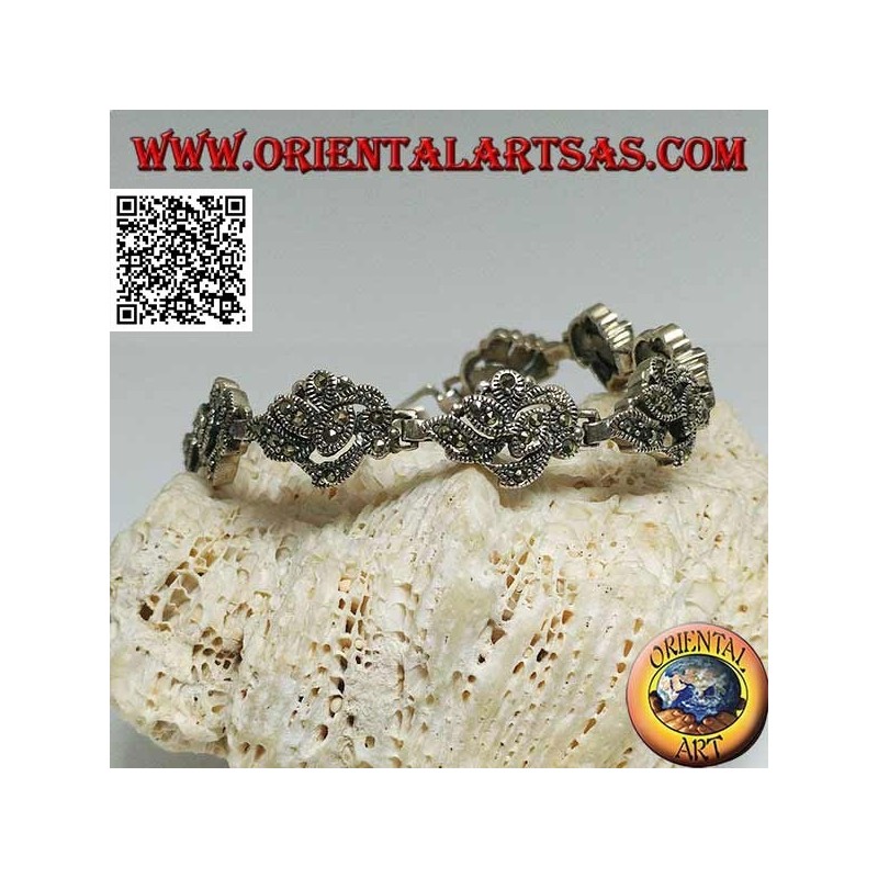 Silver bracelet with 9 intertwining of leaves studded with marcasite