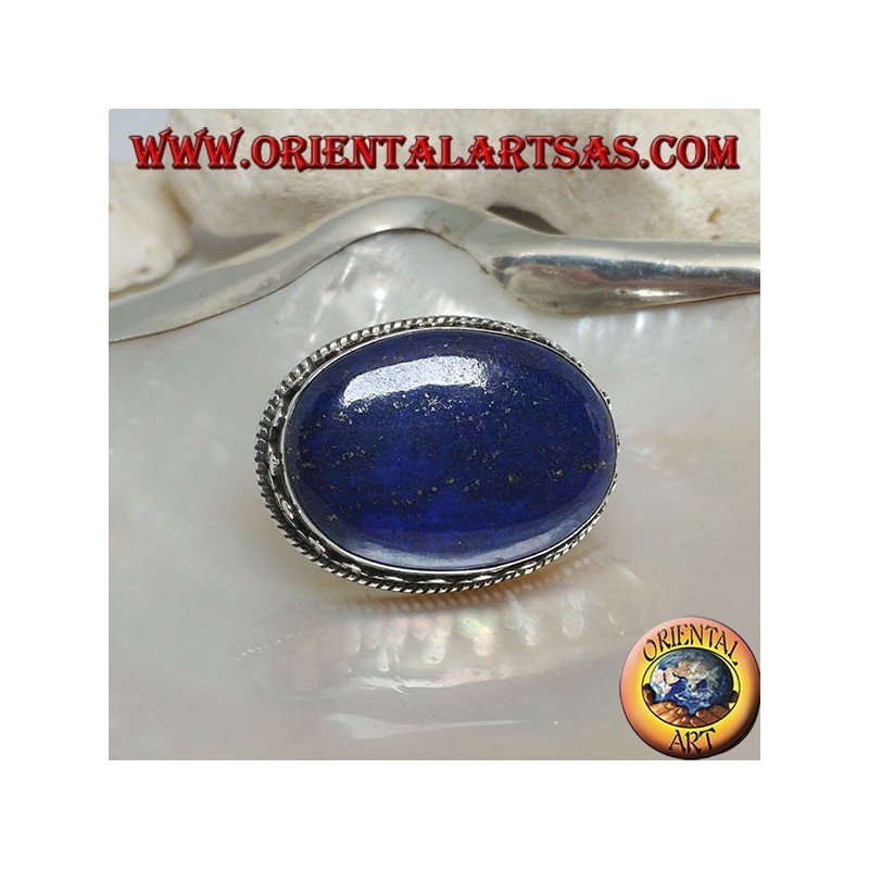 Broche de plata con lapislázuli natural ovalado grande rodeado de entrelazados y tris de bolas