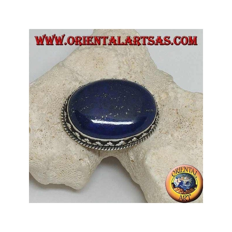 Silver brooch with large oval natural lapis lazuli surrounded by intertwining and tris of balls