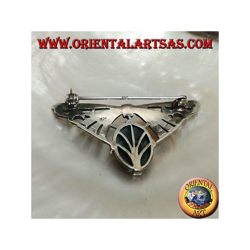 Broche en argent en forme d'arc clouté de marcassite avec onyx ovale serti dessous