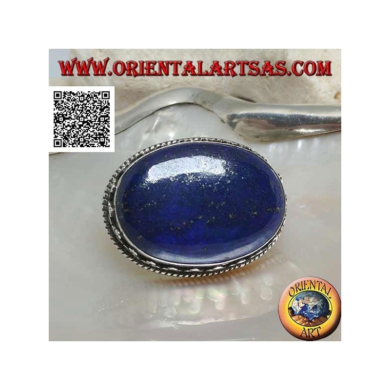 Silver brooch with large oval natural lapis lazuli surrounded by intertwining and tris of balls
