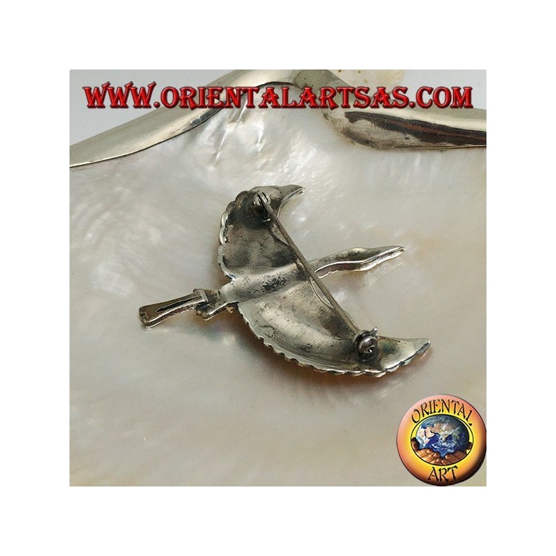 Broche en argent en forme d'albatros (Diomedeidae) en vol aux ailes déployées parsemées de marcassite