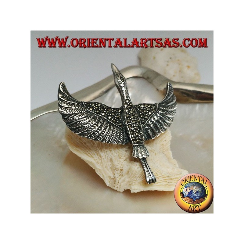 Silver brooch in the shape of an albatross (diomedeidae) in flight with spread wings studded with marcasite