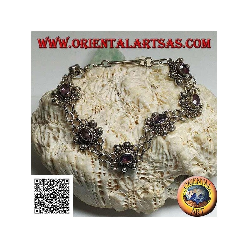Pulsera de plata con dos hileras de anillos con 7 amatistas ovales naturales hechas a mano.